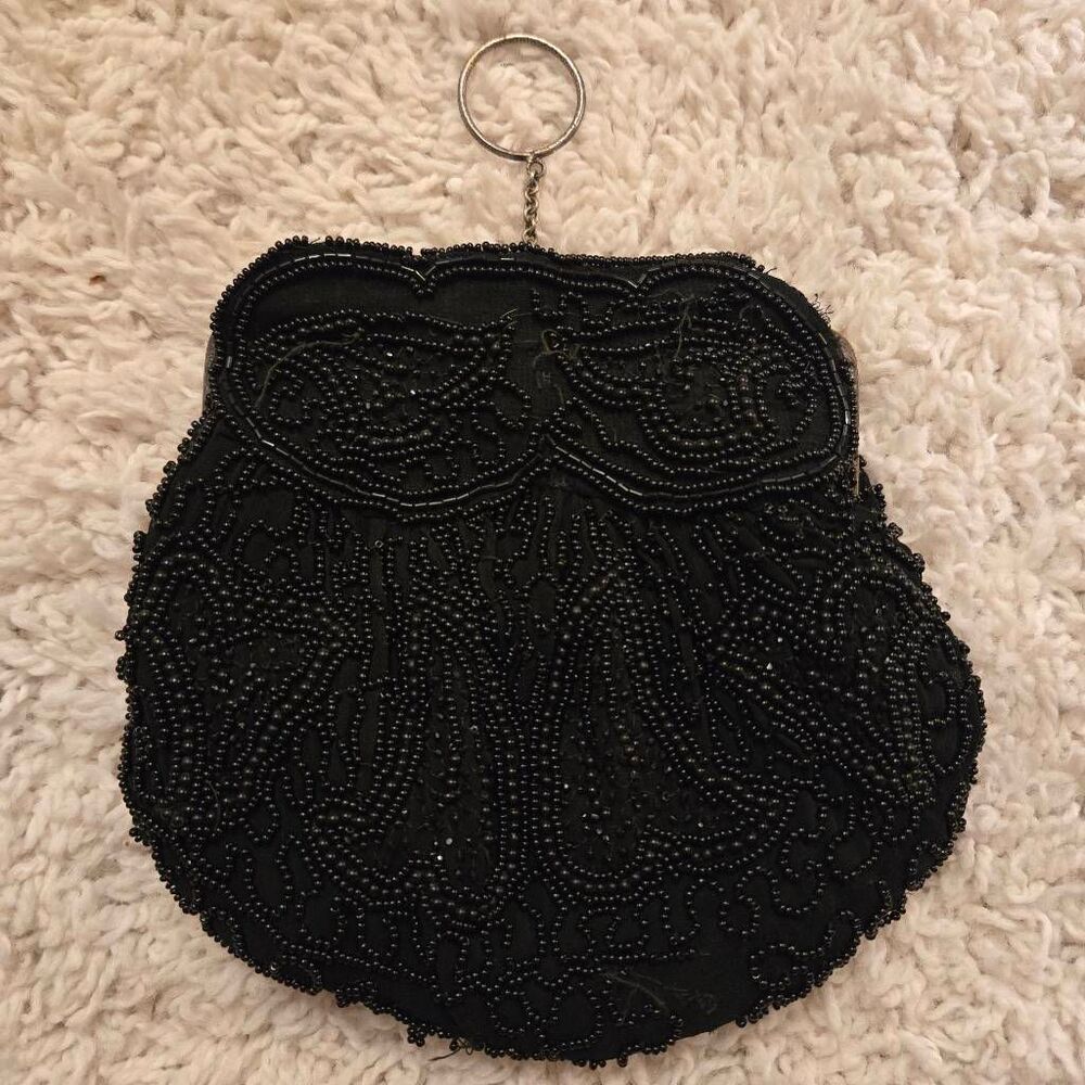 Vintage 1920s Black Micro Bead Purse with Coin Purse & Mirror Kiss Closure